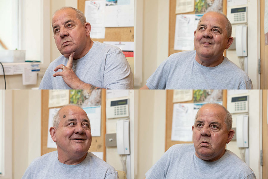 Four of the many faces of Bob Evans, who is retiring from the front desk at Linden Grove.